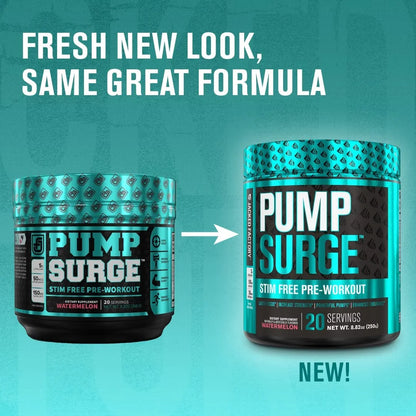 PUMPSURGE Caffeine Free Pump & Nootropic Pre Workout Supplement - Non Stimulant Preworkout Powder & Nitric Oxide Booster - 20 Servings, Watermelon